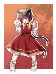 Rule 34 | 1girl, animal ear fluff, animal ears, border, bow, bowtie, brown eyes, brown hair, cat ears, cat girl, cat tail, chen, claws, commentary, dress, earrings, english commentary, fang, fangs, fishbowl meguri, frills, full body, green hat, hair between eyes, hands up, hat, highres, jewelry, looking at viewer, mandarin collar, mob cap, multiple tails, no shoes, open mouth, outside border, pinafore dress, puffy short sleeves, puffy sleeves, red background, red dress, shirt, short hair, short sleeves, simple background, single earring, sleeveless, sleeveless dress, smile, socks, solo, standing, tail, touhou, two tails, v-shaped eyebrows, white border, white shirt, white socks, yellow bow, yellow bowtie, zoom layer