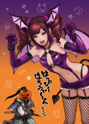 akechi_mitsuhide_(sengoku_musou) armor arms_up bat_wings breasts cleavage demon_girl drill_hair elbow_gloves eyelashes fake_tail fishnet_thighhighs fishnets frilled_shorts frills garter_straps gloves green_eyes hairband hakama halloween halloween_costume hosokawa_gracia jack-o&#039;-lantern japanese_clothes katana kimono lips lipstick long_hair makeup mitsuya navel o-ring o-ring_top official_alternate_costume open_mouth ponytail purple_gloves red_hair sengoku_musou short_shorts shorts smile sword tail thighhighs thong twintails weapon wide_hips wings