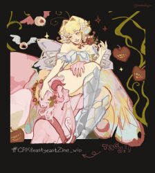 1boy 1girl angel_wings armored_boots boots butterfly_wings colored_skin cookie_run cookie_run:_kingdom halo highres insect_wings leotard long_hair looking_at_another multicolored_hair omchyn pavlova_cookie red_hair sugarfly_cookie two-tone_hair white_hair wings yellow_leotard yellow_skin