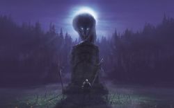 1boy animal armor backlighting chosen_undead dark_souls_(series) dark_souls_i field_of_blades forest full_moon grave great_grey_wolf_sif male_focus moon moonlight nature orioto outdoors oversized_animal plant planted planted_sword planted_weapon size_difference sky solo sword tombstone tree weapon wolf