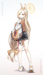 1girl absurdres animal_ears ass black_skirt blonde_hair blue_archive bow breasts brown_vest bucho_sama extra_ears fox_ears from_behind hair_bow hair_ornament hair_over_one_eye hairband hairclip halo highres kaho_(blue_archive) large_breasts long_hair long_sleeves looking_at_viewer looking_back low-tied_long_hair miniskirt mole mole_under_mouth school_uniform shirt shoes short_eyebrows skirt sneakers socks solo thick_eyebrows very_long_hair vest white_shirt white_socks yellow_bow yellow_eyes yellow_hairband yellow_halo