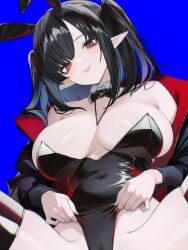Rule 34 | 1girl, absurdres, alternate costume, animal ears, arknights, bare shoulders, black hair, black jacket, bow, bowtie, breasts, cleavage, closure (arknights), detached collar, fake animal ears, highres, jacket, large breasts, leotard, long hair, long sleeves, open clothes, open jacket, playboy bunny, pointy ears, rabbit ears, red eyes, solo, tongue, tongue out, two side up, vxdrq