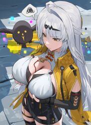 1girl bird black_bird black_gloves breasts cleavage closed_mouth commentary_request fingerless_gloves from_above gloves grabbing_own_breast high-waist_shorts highres hood_(james_x) jacket large_breasts long_hair looking_down mole mole_on_breast shorts solo spoken_squiggle squiggle white_hair yellow_eyes yellow_jacket yi_xuan_(zenless_zone_zero) yin_yang_pin zenless_zone_zero