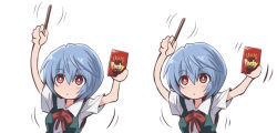 1girl arms_up ayanami_rei blue_hair blue_skirt bow box bright_pupils commentary food fujitaka_nasu hair_between_eyes holding holding_box neon_genesis_evangelion pocky red_bow red_eyes shirt short_hair simple_background skirt suspender_skirt suspenders variations white_background white_shirt