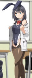 Rule 34 | 1girl, animal ears, bag, bare shoulders, black garter straps, black hair, blue eyes, blurry, blush, bow, bowtie, breasts, brown thighhighs, cardigan, classroom, cleavage, commentary request, competition swimsuit, depth of field, desk, detached collar, frown, garter straps, gridman universe, highleg, highleg one-piece swimsuit, highres, hip bones, indoors, long hair, looking at viewer, medium breasts, one-piece swimsuit, rabbit ears, red bow, red bowtie, saizu nitou gunsou, school bag, school desk, solo, ssss.gridman, standing, sweatdrop, swimsuit, takarada rikka, thighhighs, twitter username, white cardigan, window