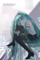Rule 34 | 1girl, absurdres, aqua eyes, aqua hair, black skirt, black thighhighs, detached sleeves, english text, from side, full body, hatsune miku, hatsune miku (nt), high heels, highres, knee up, long hair, looking at viewer, looking to the side, miniskirt, moboireach, piapro studio, shirt, sitting, skirt, sleeveless, sleeveless shirt, solo, thighhighs, twintails, very long hair, vocaloid