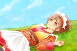 1girl apron azu_rin_go black_thighhighs blue_sky bokujou_monogatari bokujou_monogatari:_mittsu_no_sato_no_taisetsuna_tomodachi brown_eyes brown_hair closed_mouth cowboy_shot curled_fingers day hair_between_eyes hand_up komari_(bokujou_monogatari) long_sleeves looking_at_viewer lying maid maid_headdress obi obiage obijime on_back on_grass outdoors plaid_clothes red_skirt sash short_hair skirt sky smile solo thighhighs wa_maid waitress white_apron zettai_ryouiki