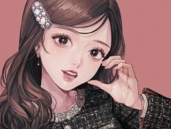 Rule 34 | 1girl, black eyes, black shirt, bracelet, brown hair, earrings, hair behind ear, hair ornament, head tilt, hina (xoxo), jewelry, long hair, long sleeves, looking at viewer, nail polish, necklace, open mouth, original, pink background, pink lips, pink nails, portrait, shirt, simple background, solo, watch, wristwatch