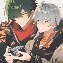 2boys ahoge animal_print arm_around_shoulder bead_bracelet beads black_jacket black_shirt bracelet camera camera_around_neck candy crossed_bangs food green_eyes green_hair grey_hair hair_over_one_eye highres holding holding_camera jacket jewelry leather leather_jacket lighter_(zenless_zone_zero) lollipop multiple_boys official_alternate_costume red_scarf scarf shirt shoulder_spikes spiked_jacket spikes studded_gloves tiger_print wise_(zenless_zone_zero) yomi4310 zenless_zone_zero