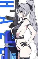 1girl absurdres ar-15 arm_strap assault_rifle bare_shoulders bikini black_bikini black_choker black_gloves black_survival blunt_bangs blush breasts character_name choker closed_mouth commentary_request dalgam12 earrings eternal_return:_black_survival expressionless eyewear_on_head from_side gloves grey_eyes grey_hair gun hair_ribbon hand_on_own_hip haze_(black_survival) haze_(private_summer)_(black_survival) highres holding holding_gun holding_weapon jewelry korean_commentary long_hair looking_ahead medium_breasts navel official_alternate_costume ponytail profile ribbon rifle round_eyewear sideboob simple_background solo standing stomach sunglasses swimsuit thigh_strap thighs triangle_earrings trigger_discipline very_long_hair weapon white_background