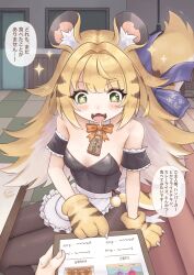 +_+ 1girl :d alternate_costume animal_ears animal_hands apron black_dress black_pantyhose blonde_hair blue_bow blush bow breasts butter_spoon cleavage dress drooling fangs grey_hair highres ju_fufu looking_at_viewer maid maid_apron mouth_drool open_mouth pantyhose small_breasts smile solo tail tail_bow tail_ornament tiger_ears tiger_girl tiger_paws tiger_tail zenless_zone_zero
