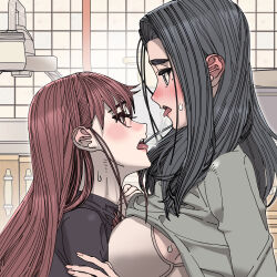 2girls absurdres after_kiss black_hair black_shirt blush bra breasts commentary_request ear_blush gado grey_bra grey_hoodie highres hood hoodie indoors korean_commentary large_breasts long_hair mole mole_under_eye multiple_girls open_mouth original red_hair saliva saliva_trail shirt sweat tongue tongue_out underwear yuri