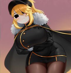 1girl 2024 absurdres annoyed arms_under_breasts black_cape black_dress black_gloves black_hat blonde_hair blush borrowed_character breasts brown_pantyhose cape commentary commission cowboy_shot crossed_arms dress english_commentary foreshortening from_below frown fur-trimmed_cape fur-trimmed_sleeves fur_trim gloves gold_trim hair_over_one_eye hat highres huge_breasts large_breasts leaning_forward legs_together locket_white_(bakalorin) long_sleeves looking_at_viewer mario_(series) military_hat nintendo original pantyhose purple_sky shy_gal sky swept_bangs thick_thighs thighs turtleneck turtleneck_dress twilight white_mask yuulis27