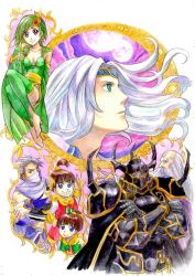 armor beard blue_eyes breasts cape cecil_harvey cleavage closed_mouth commentary_request dress edward_geraldine facial_hair final_fantasy final_fantasy_iv fusoya gauntlets golbez green_hair grey_hair helmet long_beard long_hair multiple_boys multiple_girls palom porom rydia_(ff4) short_hair shoulder_pads sio2_(nisankakeiso)