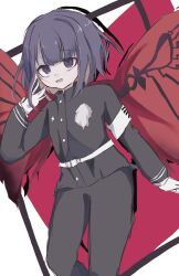 Rule 34 | 1boy, armband, black background, hair between eyes, hand up, highres, long hair, long sleeves, male focus, matching hair/eyes, open mouth, purple eyes, purple hair, red background, simple background, solo, solo focus, the hundred line -last defense academy-, tsukumo ima, white background, wings