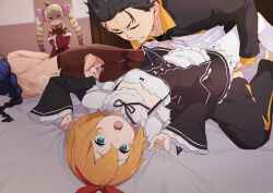 1boy 3girls aftersex apron beatrice_(re:zero) black_dress black_hair blonde_hair blue_eyes blue_hair bow bow_hairband brown_pantyhose closed_eyes clothed_sex commentary_request crossed_arms cum detached_collar detached_sleeves dress hair_bow hairband hetero highres indoors jacket long_hair long_sleeves lying maid_headdress meili_portroute missionary morisobo multiple_girls natsuki_subaru on_back on_bed on_side only_pantyhose pantyhose petra_leyte pink_bow raglan_sleeves re:zero_kara_hajimeru_isekai_seikatsu red_bow red_dress red_hairband roswaal_mansion_maid_uniform short_hair teeth thighhighs torn_clothes torn_pantyhose twintails white_apron white_thighhighs wide_sleeves