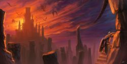 1boy armor bridge castle dark_souls_(series) dark_souls_ii dated dragon flag highres narutocuhh scenery sheath shield signature stairs sun sunset undead_hero_(dark_souls_2)