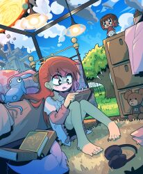 1girl :q absurdres bad_link barefoot bed blue_sky book chest_of_drawers cloud concentrating day drawing_(action) earrings earth_(planet) figure grass headphones highres jewelry layered_sleeves long_hair long_sleeves on_floor original pillow planet red_hair rug saghaley short_over_long_sleeves short_sleeves sitting sky star_(sky) starry_sky stuffed_animal stuffed_toy sun teddy_bear tongue tongue_out tree unworn_headphones v-shaped_eyebrows