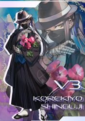 1boy alternate_hairstyle bandaged_hand bandages black_hair black_hat black_mask character_name commentary_request danganronpa_(series) danganronpa_v3:_killing_harmony flower full_body hand_up hat high_ponytail highres holding holding_flower japanese_clothes long_hair long_sleeves looking_at_viewer mask mouth_mask nota_sayaka pink_flower ponytail sandals shinguji_korekiyo socks solo standing very_long_hair white_socks yellow_eyes zipper