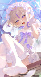 1girl absurdres alternate_costume blonde_hair blush breasts dress fang heart heart-shaped_pupils highres hololive hololive_dev_is looking_at_viewer medium_hair open_mouth purple_eyes purple_hair skin_fang small_breasts solo symbol-shaped_pupils thighhighs todoroki_hajime virtual_youtuber white_dress white_thighhighs yusha_(lv1_yusha_522)