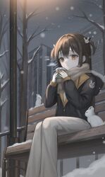 1girl absurdres bare_tree bench black_jacket brown_eyes brown_hair brown_scarf building cityscape cup disposable_coffee_cup disposable_cup feet_out_of_frame from_below fur-trimmed_hood fur_trim grey_pants hair_ornament highres holding holding_cup hood hood_down jacket kkamkkam lamppost long_hair long_sleeves looking_at_viewer on_bench original outdoors pants park_bench parted_lips rabbit_hair_ornament railing ringed_eyes scarf scenery sitting skyscraper snow snowing solo tree two_side_up white_rabbit_(animal) winter