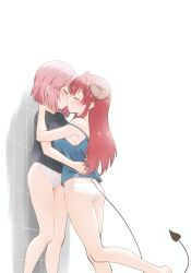 2girls ahoge ass barefoot black_shirt blue_camisole blush breasts brown_hair camisole chiyoda_momo closed_eyes commentary_request curled_horns demon_girl demon_horns demon_tail demon_wings feet_out_of_frame highres hitorilily horns hug kiss large_breasts long_hair looking_at_another machikado_mazoku multiple_girls open_mouth panties pink_hair red_hair shirt short_hair simple_background standing standing_on_one_leg strap_slip swimsuit t-shirt tail thighs tile_wall tiles underwear white_background white_panties wings yoshida_yuuko_(machikado_mazoku) yuri