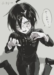 Rule 34 | 1boy, ahoge, black jacket, black pants, black shoes, blush, commentary request, danganronpa (series), danganronpa v3: killing harmony, eyelashes, grey background, hair between eyes, highres, jacket, long sleeves, looking at viewer, male focus, open mouth, pale skin, pants, saihara shuichi, shoes, simple background, solo, speech bubble, suggestive fluid, translated, usagi mi nagi, whipped cream, yellow eyes
