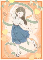 1girl 2024 arm_up belt blue_skirt border brown_belt brown_hair closed_eyes dancing floral_print floral_print_skirt forehead full_body gakuen_idolmaster happy_birthday head_tilt high-waist_skirt highres idolmaster komaki_(komaki0769) kuramoto_china laurels leg_up long_hair open_mouth orange_background orange_border orange_outline outline shirt shoes short_sleeves skirt solo standing standing_on_one_leg teeth upper_teeth_only waltz_(dance) watch white_border white_outline white_shirt white_shoes wristwatch