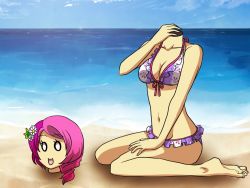 1girl alisa_boskonovich android beach bikini breasts cleavage detachable_head flower gradient_background hair_flower hair_ornament multicolored_hair ootori_sen_na_gatsu pink_hair swimsuit tekken what
