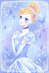 Rule 34 | 1girl, blonde hair, blue dress, blue eyes, choker, cinderella (disney character), cinderella (disney movie), dress, earrings, elbow gloves, gloves, gown, hair bun, hairband, highres, jewelry, looking at viewer, princess, princess dress, short hair, smile, solo, user hcmp8833