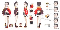 1girl absurdres animal_ear_headphones animal_ears black_gloves black_headwear black_shorts boot_straps boots cleavage_cutout clothing_cutout crop_top cropped_jacket fake_animal_ears fishnet_thighhighs fishnets flat_chest garter_straps gloves grey_hair hair_ornament hairband hairclip hat hat_with_ears headphones headphones_around_neck highres jacket komori_met komori_met_(5th_costume) komori_met_(vspo!_1st_costume) long_sleeves medium_hair midriff multicolored_jacket multiple_views navel official_alternate_costume open_clothes open_jacket partially_fingerless_gloves purple_eyes red_jacket reference_sheet shirt short_shorts shorts simple_background single_boot single_thighhigh stomach strap thighhighs virtual_youtuber vspo! white_background wristband yuuki_hagure
