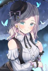 1girl bare_shoulders black_hat blue_background blue_butterfly blue_eyes blurry blush bokeh breasts bug butterfly ceras_yanagida_lilienfeld closed_mouth clothing_cutout collared_shirt commentary_request depth_of_field frilled_shirt_collar frilled_umbrella frills grey_hair grey_shirt hair_ribbon hat highres holding holding_umbrella insect katanashi_(ktnsh_popu) large_breasts light_particles link!_like!_love_live! long_hair long_sleeves looking_at_viewer love_live! official_alternate_costume parasol pink_ribbon retrofuture_(love_live!) ribbon shirt shoulder_cutout smile solo umbrella virtual_youtuber