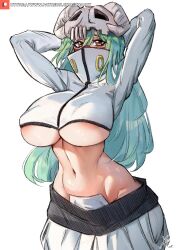 Rule 34 | 1girl, areola slip, arms behind head, artist name, bleach, breasts, commentary, cosplay, covered mouth, cropped jacket, english commentary, female focus, green hair, high collar, highres, jacket, large breasts, long hair, looking at viewer, navel, nelliel tu odelschwanck, pants, patreon logo, patreon username, signature, simple background, skull on head, solo, sword, tier harribel, tier harribel (cosplay), underboob, watermark, weapon, web address, white background, white jacket, white pants, xhaart, yellow eyes