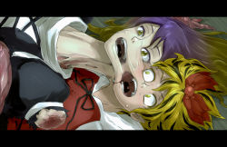 2girls amputee black_dress blonde_hair blood conjoined crossover dress fangs female_focus fusion gradient_hair guro hijiri_byakuren letterboxed long_hair multicolored_hair multiple_girls open_mouth oso_(toolate) parody scared short_hair sweat teeth the_thing the_thing_(2011) the_thing_(creature) toramaru_shou touhou veins yellow_eyes