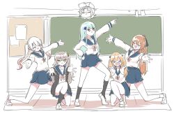 Rule 34 | 6+girls, aqua hair, blunt bangs, brown eyes, brown hair, closed eyes, g11 (girls&#039; frontline), girls&#039; frontline, green eyes, grey hair, hare hare yukai, highres, hk416 (girls&#039; frontline), jacket, kita high school uniform, long hair, lwmmg (girls&#039; frontline), multiple girls, one side up, parody, scar, scar across eye, scar on face, school uniform, serafuku, shinoe nun, shirt, smile, springfield (girls&#039; frontline), suzumiya haruhi no yuuutsu, tattoo, teardrop, teardrop tattoo, ump45 (girls&#039; frontline), ump9 (girls&#039; frontline), white serafuku, white shirt