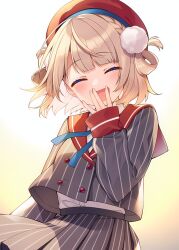 1girl :d beret blonde_hair blush braid buttons closed_eyes commentary_request dot_nose double-breasted facing_viewer grey_skirt hand_up hat indie_virtual_youtuber jacket kuronekoron open_mouth pinstripe_jacket pinstripe_pattern pinstripe_skirt pom_pom_(clothes) red_hat red_sailor_collar red_sleeve_cuffs sailor_collar shigure_ui_(vtuber) shigure_ui_(vtuber)_(1st_costume) shirt short_hair skirt skirt_set sleeves_past_wrists smile solo striped_clothes striped_jacket vertical-striped_clothes vertical-striped_jacket virtual_youtuber white_background white_shirt yellow_background