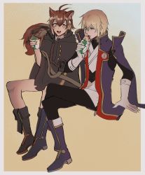 1boy 1girl absurdres akrif animal_ears blazblue blonde_hair boots brown_hair coat eating food gloves highres kisaragi_jin makoto_nanaya necktie pants sandwich short_hair sitting squirrel_ears squirrel_tail tail white_hair
