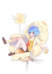 1girl absurdres apron arm_up blue_hair blush brown_shoes brown_shorts closed_mouth collared_shirt commentary controller egg_(food) food full_body game_controller highres holding holding_controller holding_game_controller orange_apron original pink_eyes pudding rounded_collar seoji shirt shoes short_hair shorts simple_background sitting socks solo white_background white_shirt white_socks