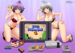 2girls ahoge blush bow bow_bra bra breasts bucky_o&#039;hare bucky_o&#039;hare_(character) cleavage collarbone controller famicom famicom_gamepad floral_print game_cartridge game_console game_controller green_eyes grey_bow grey_bra grey_hair grey_panties grey_shoes hand_on_own_hip high_heels holding holding_game_cartridge kanna_albeecht karateka_(game) kneeling koopa_shell large_breasts looking_at_viewer mario mario_(series) multiple_girls navel nes ninja_gaiden nintendo original over_horizon panties pegasus_seiya print_bra print_panties purple_background purple_hair raccoon_mario red_bra red_eyes red_panties red_shoes ryu_hayabusa saint_seiya shoes short_hair smile super_mario_bros._2 super_mario_bros._3 television underwear yukino_akaihi yukino_memories zel-sama