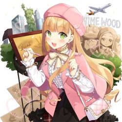 Rule 34 | 1girl, aircraft, airplane, black skirt, blonde hair, blunt bangs, bow, bowtie, building, coat, frilled shirt, frilled sleeves, frills, green eyes, hat, holding, holding pen, jet airliner, lina princella, long hair, long sleeves, open mouth, pen, pink coat, pink hat, salt (salty), shirt, skirt, uchi no hime-sama ga ichiban kawaii, very long hair, white bag, white bow, white bowtie, white shirt