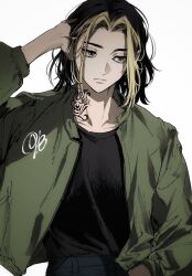 1boy black_hair black_shirt closed_mouth collarbone earrings green_jacket hanemiya_kazutora highres jacket jewelry long_sleeves m_m_pb multicolored_hair neck_tattoo shirt short_hair solo tattoo tokyo_revengers two-tone_hair upper_body white_background yellow_eyes
