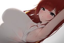 Rule 34 | 1218 haruru, 1girl, absurdres, akane lize, arm up, armpits, backlighting, bare arms, bare shoulders, black eyes, blush, breasts, closed mouth, hair ornament, hairclip, highres, large breasts, long hair, looking at viewer, mole, mole under eye, multicolored hair, red hair, see-through silhouette, shirt, simple background, sleeveless, sleeveless shirt, solo, stellive, streaked hair, sweat, upper body, virtual youtuber, white background, white shirt