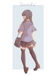 1girl absurdres arm_at_side bag black_hair black_shoes black_skirt black_thighhighs blue_shirt braid english_text from_behind handbag highres original sadsan shirt shoes short_sleeves simple_background sketch skirt thighhighs twin_braids twintails zettai_ryouiki