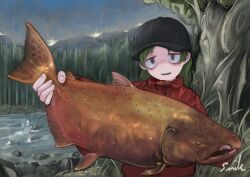1girl absurdres animal bags_under_eyes black_hat fish freckles grass green_hair hat highres holding holding_animal holding_fish jacket medium_hair mountain nekobungi_sumire original outdoors pond red_jacket safety_pin signature smile solo tree water
