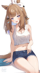 1girl almond_eye_(umamusume) alternate_costume animal_ears artist_name blue_eyes blue_hair blue_shorts blunt_bangs blush braid brown_hair chahanramen colored_inner_hair commentary_request cross-shaped_pupils denim denim_shorts hair_ornament hairclip highres horse_ears horse_girl horse_tail long_hair looking_at_viewer midriff multicolored_hair navel open_mouth short_shorts shorts side_braid simple_background single_braid sitting solo sweat symbol-shaped_pupils tail tank_top teeth textless_version thighs too_many_hair_ornaments umamusume upper_teeth_only white_background white_tank_top x-shaped_pupils