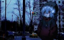 Rule 34 | 1girl, alternate costume, animal ears, bags under eyes, beanie, biming, black hoodie, building, car, cigarette, closed mouth, commentary, cookie (touhou), grey hair, grey hat, hair between eyes, hat, highres, hood, hood down, hoodie, long sleeves, motor vehicle, mouse ears, mouse girl, nazrin, nyon (cookie), outdoors, photo background, plaid clothes, plaid scarf, red eyes, red scarf, scarf, short hair, solo, touhou, tree, upper body