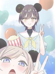 Rule 34 | 2girls, animal ear hairband, animal ears, balloon, black hair, blue dress, blue eyes, blush, breast pocket, ceras yanagida lilienfeld, closed mouth, commentary request, dress, fake animal ears, food, grey hair, hairband, hasu no sora school uniform, highres, holding, katsuragi izumi, link! like! love live!, long hair, love live!, mickey mouse ears, multiple girls, neckerchief, open mouth, orange eyes, photobomb, pocket, popcorn, puffy short sleeves, puffy sleeves, sailor collar, sailor dress, school uniform, short sleeves, smile, split mouth, straight-on, summer uniform, tikuwa l, v, v-shaped eyebrows, virtual youtuber, white sailor collar, wolf cut, yellow neckerchief