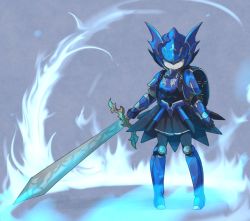 1girl armor backpack bag black_bag black_gloves black_pantyhose black_skirt blue_armor blue_headwear breastplate covered_eyes dragoon gloves greaves helmet holding holding_sword holding_weapon huge_weapon legs_apart miniskirt original overskirt pantyhose pigeon-toed pleated_skirt shoulder_armor single_horizontal_stripe skirt standing sword togeshiro_azami vambraces weapon winged_helmet