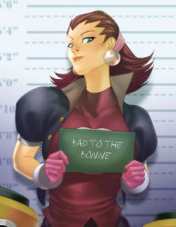 1girl brown_hair capcom earrings female_focus jewelry lowres mega_man_(series) mega_man_legends_(series) mugshot servbot_(mega_man) sign_holding solo standing tron_bonne_(mega_man)