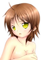 1girl absurdres breasts brown_hair colorized covering_breasts covering_privates female_focus highres nude nude_cover original rinsu small_breasts solo yellow_eyes